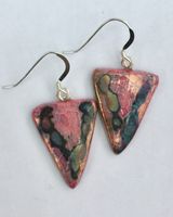 Pink triangle drop earrings with iridescent colours.