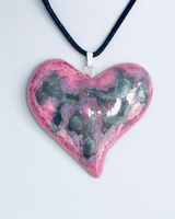 Pink heart ceramic pendant with silver grey abstract markings.