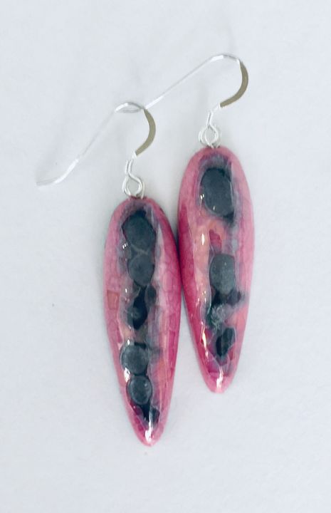 Long teardrop pink ceramic earrings with silver grey abstract markings.