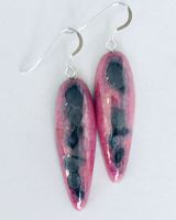 Long teardrop pink ceramic earrings with silver grey abstract markings.