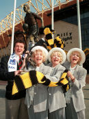 Beverley Sisters with the Billy Wright statue at Molineux