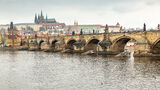 Charles Bridge looking toward Prague Castle and St. Vitus cathedral.