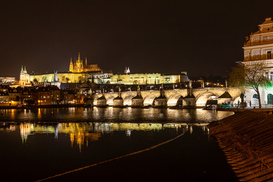 Charles Bridge and St Vitus Cathedral by night.