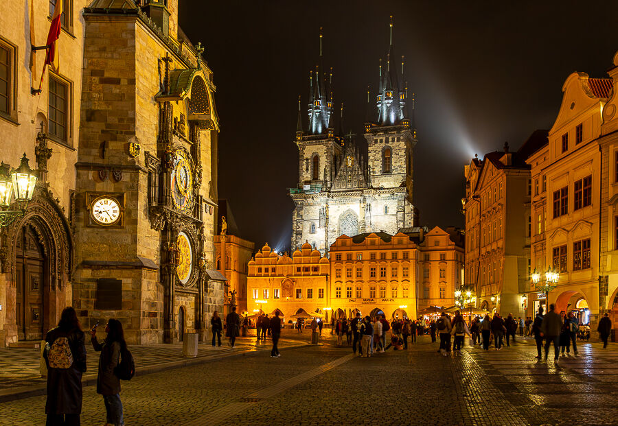 Old Town Square Prague. Church Lady Before Tyn and Astronomical clock.
