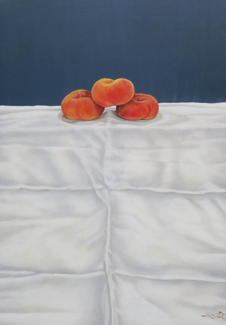 Flat Peaches on Fabric