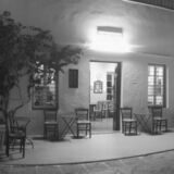 black and white swing lens panoramic photographic art from Sifnos, Greece