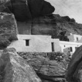 black and white swing lens panoramic photographic art from Sifnos, Greece