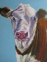 Brown cow with blue background; sold