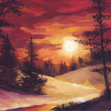 Red Sunset Through The Pines a snowy landscape; a golden sun sinks in the sky, surrounded by deep red clouds. a small river snakes through a snowy landscape bristling with tall, dark pine trees.