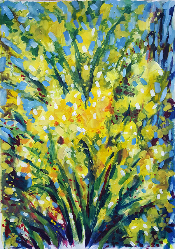 A celebratory abstract inspired by daffodils against a blue sky - an explosion of yellow, shot through with dark green streaks, little splashes of blue popping out in the background. The brushstrokes are small and impressionistic.
