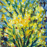 Daffodils in Spring A celebratory abstract inspired by daffodils against a blue sky - an explosion of yellow, shot through with dark green streaks, little splashes of blue popping out in the background. The brushstrokes are small and impressionistic.