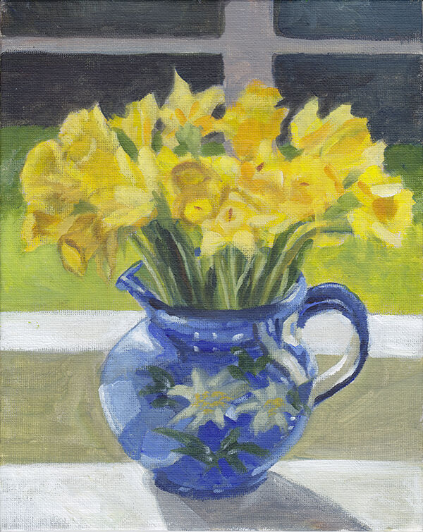 a painting of a large bunch of bright yellow daffodils in a blue vase, which has a simple painted design of white flowers. in the background is a pale grey window frame and green grass visible beyond.