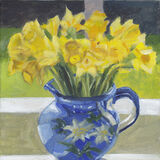 Backlit Daffodils a painting of a large bunch of bright yellow daffodils in a blue vase, which has a simple painted design of white flowers. in the background is a pale grey window frame and green grass visible beyond.