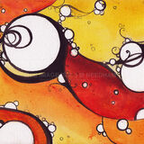 Solar I white bubbles with bold black outlines, connected by swirling black lines which vary in thickness, sit against a flowing background of red, yellow and orange