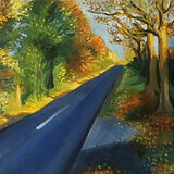Autumn Light, Wilbury Road a road half bathed in warm autumn sunlight, half in shadow. a few houses are visile through the golden trees.