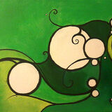 Bright Green white bubbles outlined with spiky, swirly black lines sit against a background of different shades of green