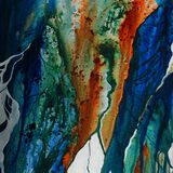 Coastline deep blue, green and rust run and splatter down the vertical canvas, with sharply-defined white shapes at the bottom giving the sense of a coastline