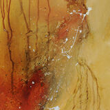 Desert Yellows and Oranges, with a few drip effects and a white splatter - some areas of the surface have raised textural elements created with sand and ribbons which have been painted over