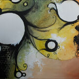 Spice an abstract image with white circles edged in dark brushstrokes, with a background of merged greens, oranges and yellows