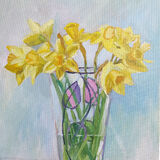 Daffodils in Glass Vase a painting, very light and airy; daffodils in a decorative glass vase with leaf motifs, against a pale blue backdrop.