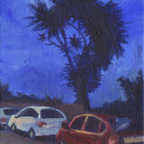 Carrack Dhu at Night a palm tree is a black silhouette against a deep blue sky. a row of cars, silver and red, are parked underneath it.