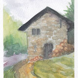 Alpine Hut With Log Pile a watercolour in soft greens, purples and browns. a small stone hut sits at the side of a road, with a pile of logs outside. it is surrounded by green trees.