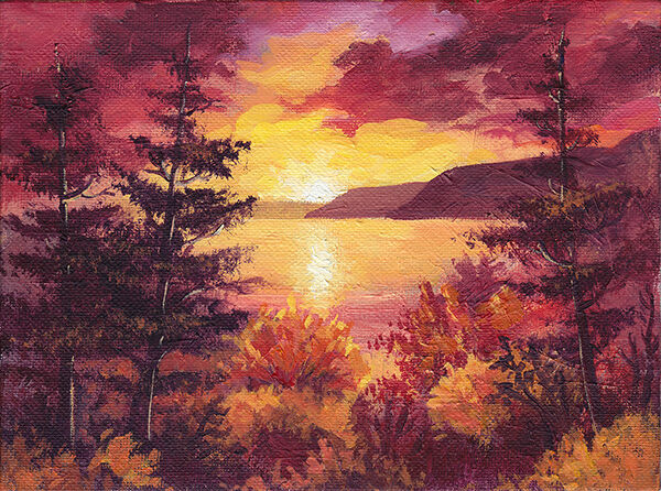 a landscape of deep reds, oranges and gold. a golden sun sets over a lake, with the sunlight reflected in the still water. deep red clouds frame it. the foreground is orange bushes and dark pine trees.