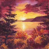 Red Lake at Sunset a landscape of deep reds, oranges and gold. a golden sun sets over a lake, with the sunlight reflected in the still water. deep red clouds frame it. the foreground is orange bushes and dark pine trees.