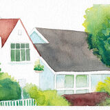 Sloped Roof a pleasant white house with a sloping grey roof sits amid green foliage