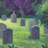 Graveyard at Stapleford a cemetary with old, grey gravestones in bright green grass - a grey pigeon is perched on one. they are surrounded by trees, including one with vibrant purple foliage.