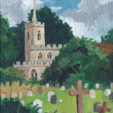 St Lawrence Church, Ardeley a classic english stone church peeks through darks trees on the far side of a rambling graveyard with a mix of stone grave markers and wooden crosses. white clouds float in a blue sky overhead.