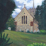 St Lawrence Church, Ardeley a side view of the church, which is ochre and grey stone with three tall, arched windows. the spire is just visible in the background, set against a summer sky full of fluffy clouds. the scene is framed by leafy green trees.