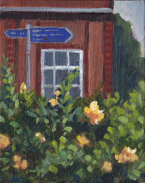 yellow roses bloom in front of a red brick building