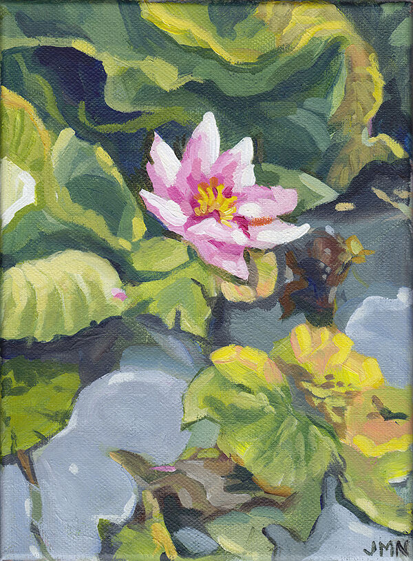 a portrait-format acryilc painting with bold brushwork: a pink water lily flower sits among green lily pads and grey water. the colours are bright and warm.
