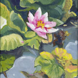 Pink Water Lily a portrait-format acryilc painting with bold brushwork: a pink water lily flower sits among green lily pads and grey water. the colours are bright and warm.