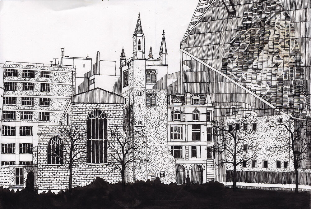 a pen and ink drawing of london, featuring an old church surrounded by blocky office buildings and a glass skyscraper reflectin the Gherkin