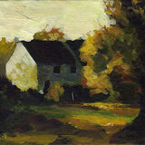 Last Autumn Light a small white house with a dark roof sits half-hidden beside green-gold autumn foliage. it is strongly lit from the side, with the front in shadow. a tree stands in the foreground.