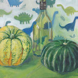 Gourds and Dinosaurs two gourds and a green glass bottle sit against a backdrop of dinosaur-patterned paper