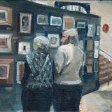 Visiting the Art Gallery an elderly couple inspecting a wall of paintings, in a palette of muted blues, creams and browns