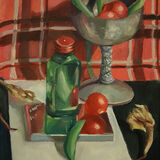 Red, Green, Silver and Gold a small green bottle and silver goblet stand against a red tartan backdrop, surrounded by cherry tomatoes, mange tout and dying daffodils