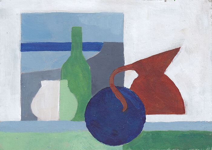 Strangely flattened bottles, jugs and a plate sit alongside a window with a view looking out on the sea. the scene has been reduced to flat-coloured, geometric shapes with a palette of white, blue, green and just a pop of rust.