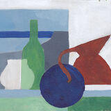 St Ives Windowsill Strangely flattened bottles, jugs and a plate sit alongside a window with a view looking out on the sea. the scene has been reduced to flat-coloured, geometric shapes with a palette of white, blue, green and just a pop of rust.