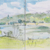 Lake at Panshanger Park biro drawing coloured with pencil, showing a lake surrounded by grassy banks and green trees on a sunny day