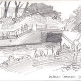 Lock on Hartham Common a pencil sketch of a river with a bridge over it, people are standing on the path