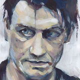 Till Lindemann a portrait of Till Lindemann, vocalist of Rammstein, on a white background. The colours are mutes and the brushstrokes visible. His head is tilted downwards slightly, and he is looking to the left.
