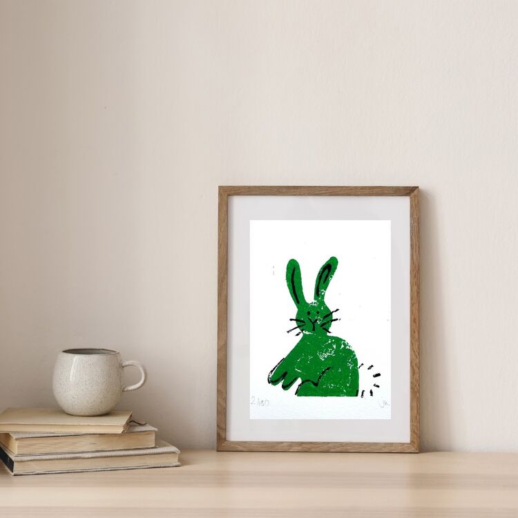 Surprised Bunny Lino print Green