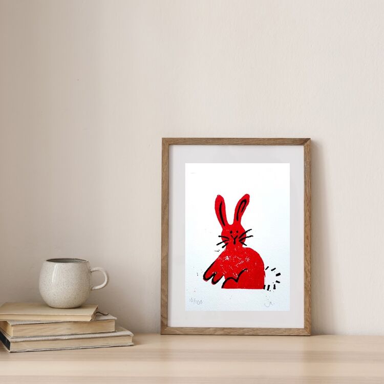 Surprised Bunny Lino print Red