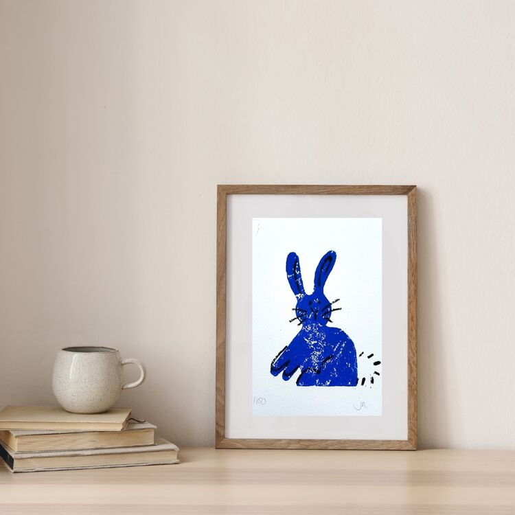 Surprised Bunny Lino print Blue