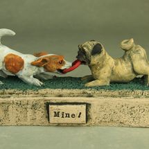 "Mine", miniature tableau of dogs playing, 2019