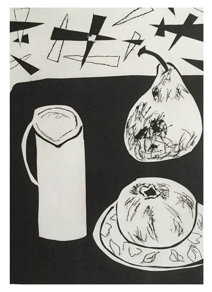 Jug, apple and pear b:w